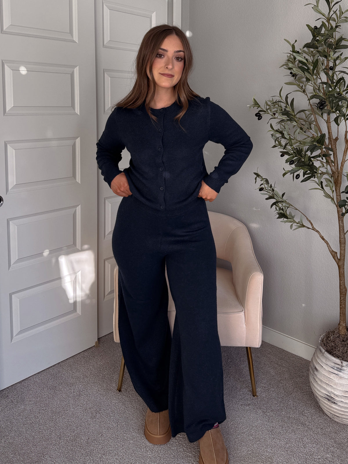 Sunday Morning Wide Leg Knit Pants (Navy)