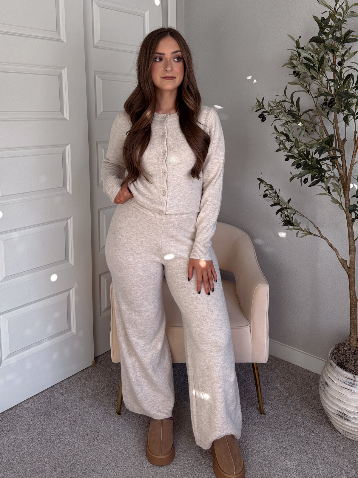Sunday Morning Wide Leg Knit Pants (Oatmeal)