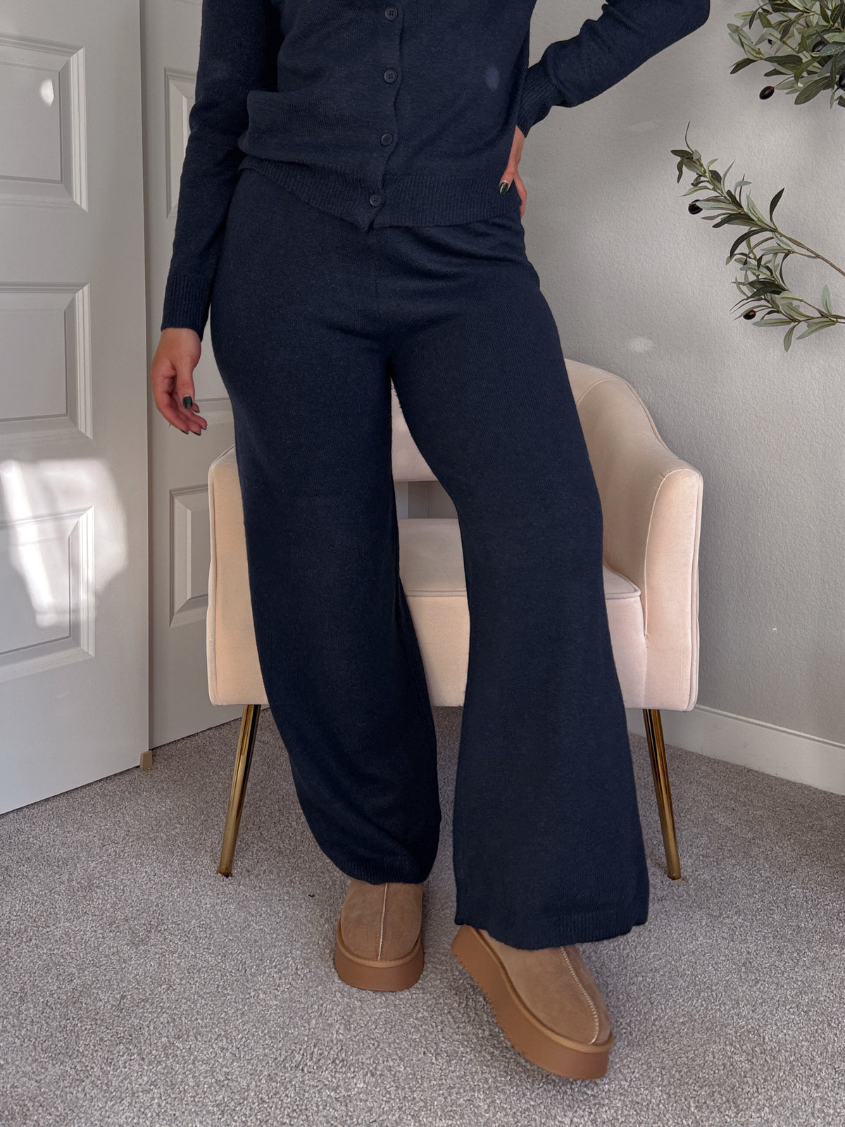 Sunday Morning Wide Leg Knit Pants (Navy)