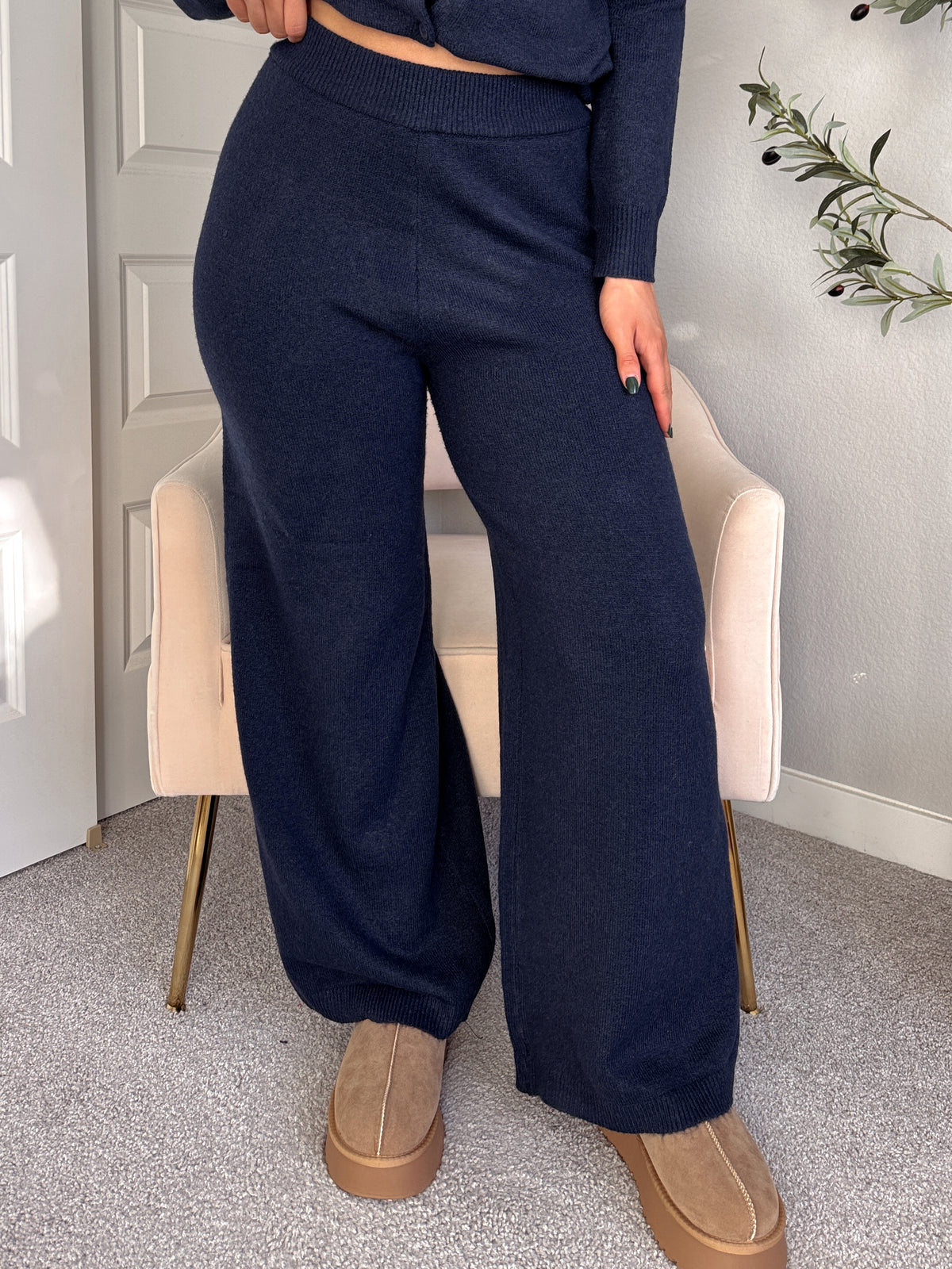 Sunday Morning Wide Leg Knit Pants (Navy)