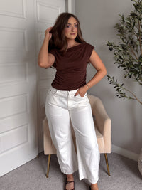 Sylvie Boat Neck Side Ruched Top (Brown)