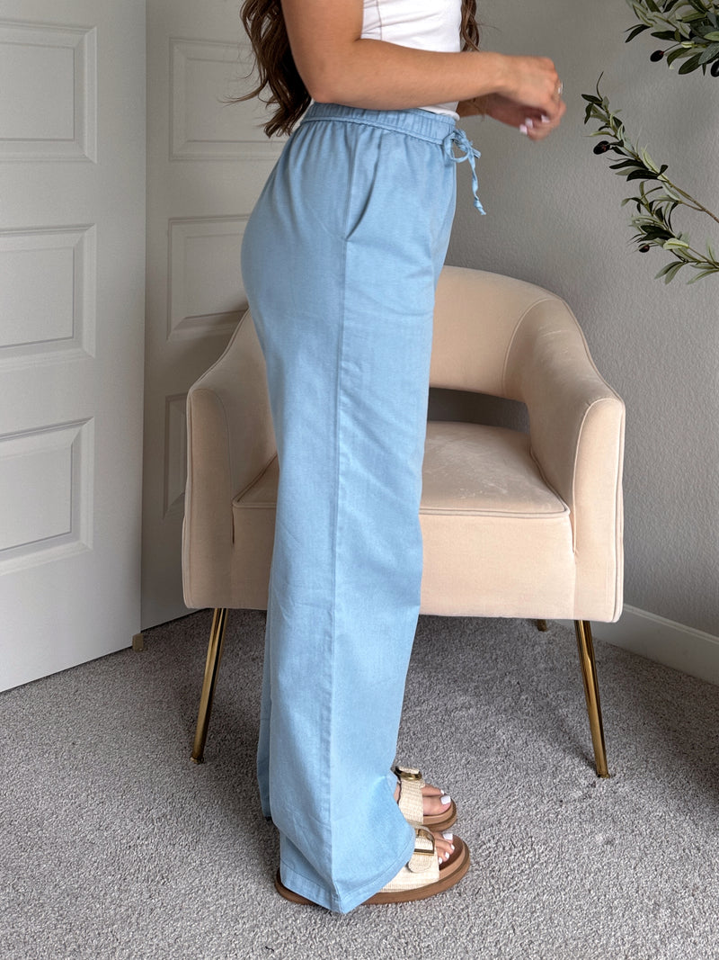 Talia Cotton Drawstring Straight Leg Pants (Blue)