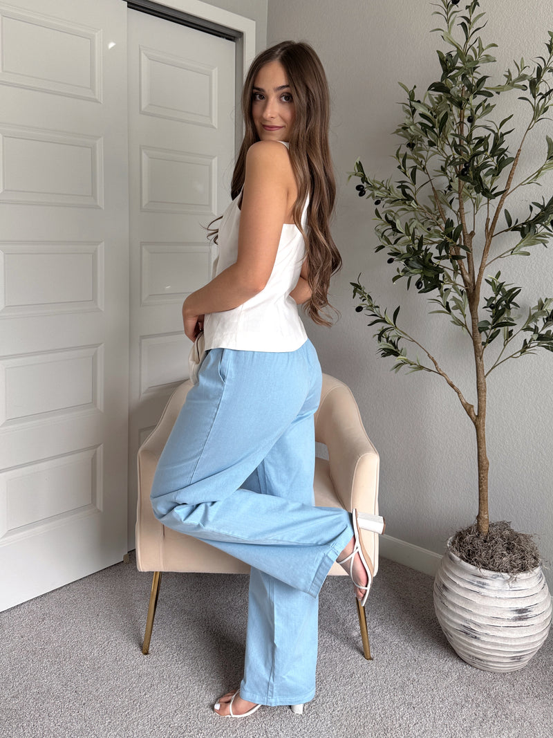 Talia Cotton Drawstring Straight Leg Pants (Blue)
