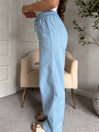Talia Cotton Drawstring Straight Leg Pants (Blue)