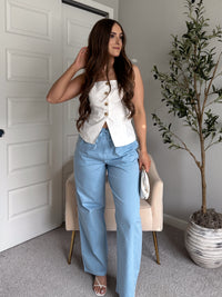 Talia Cotton Drawstring Straight Leg Pants (Blue)