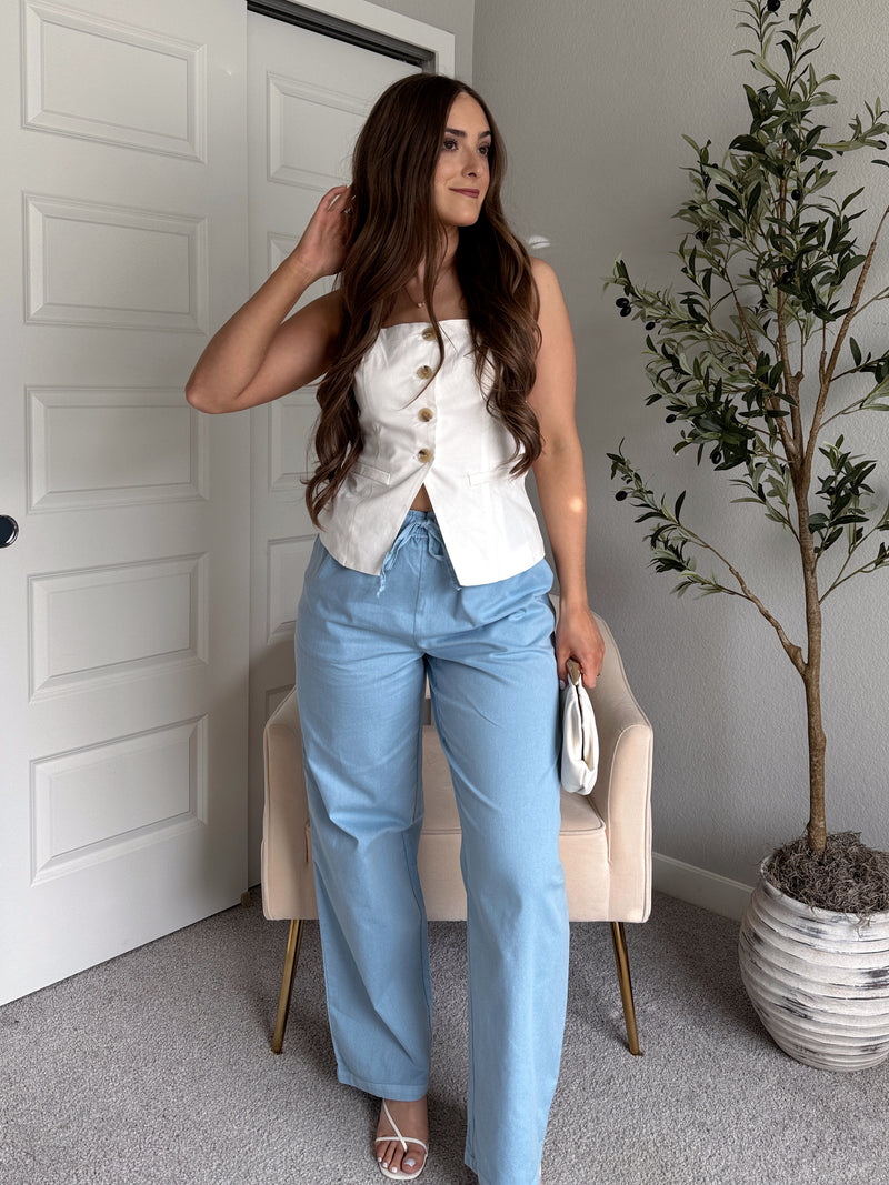 Talia Cotton Drawstring Straight Leg Pants (Blue)