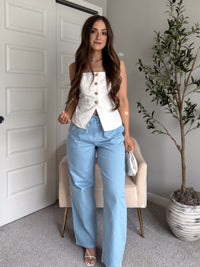 Talia Cotton Drawstring Straight Leg Pants (Blue)