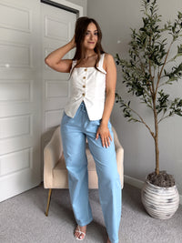 Talia Cotton Drawstring Straight Leg Pants (Blue)
