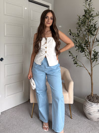 Talia Cotton Drawstring Straight Leg Pants (Blue)