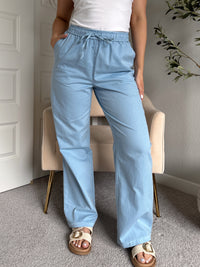 Talia Cotton Drawstring Straight Leg Pants (Blue)