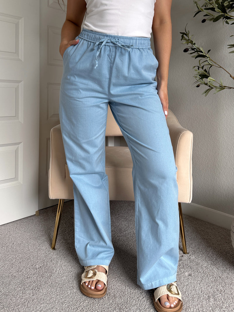 Talia Cotton Drawstring Straight Leg Pants (Blue)