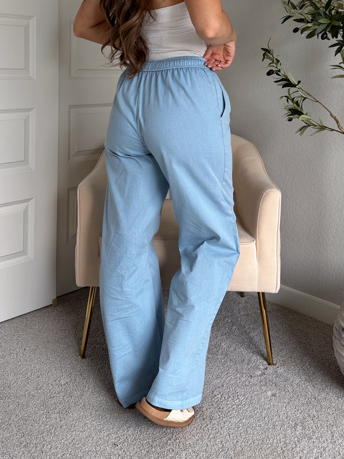 Talia Cotton Drawstring Straight Leg Pants (Blue)