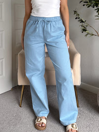 Talia Cotton Drawstring Straight Leg Pants (Blue)