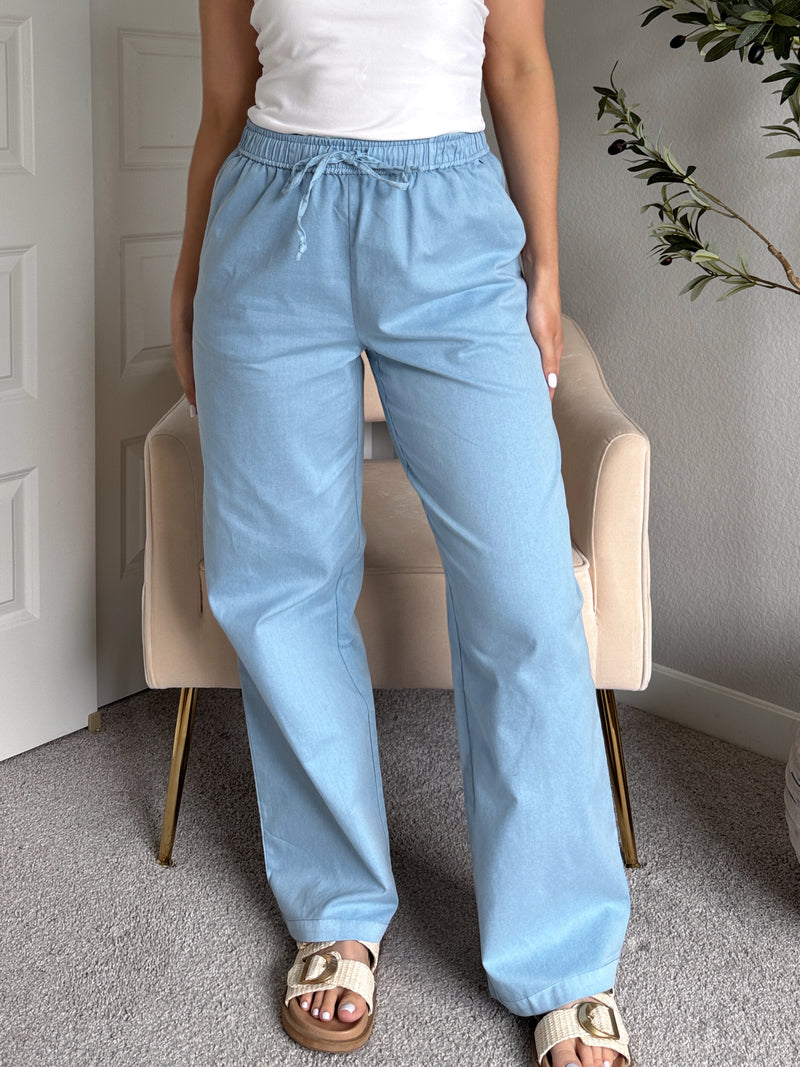 Talia Cotton Drawstring Straight Leg Pants (Blue)