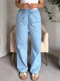 Talia Cotton Drawstring Straight Leg Pants (Blue)