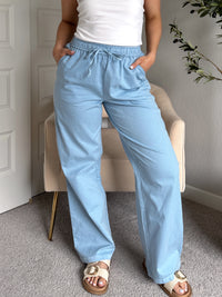 Talia Cotton Drawstring Straight Leg Pants (Blue)