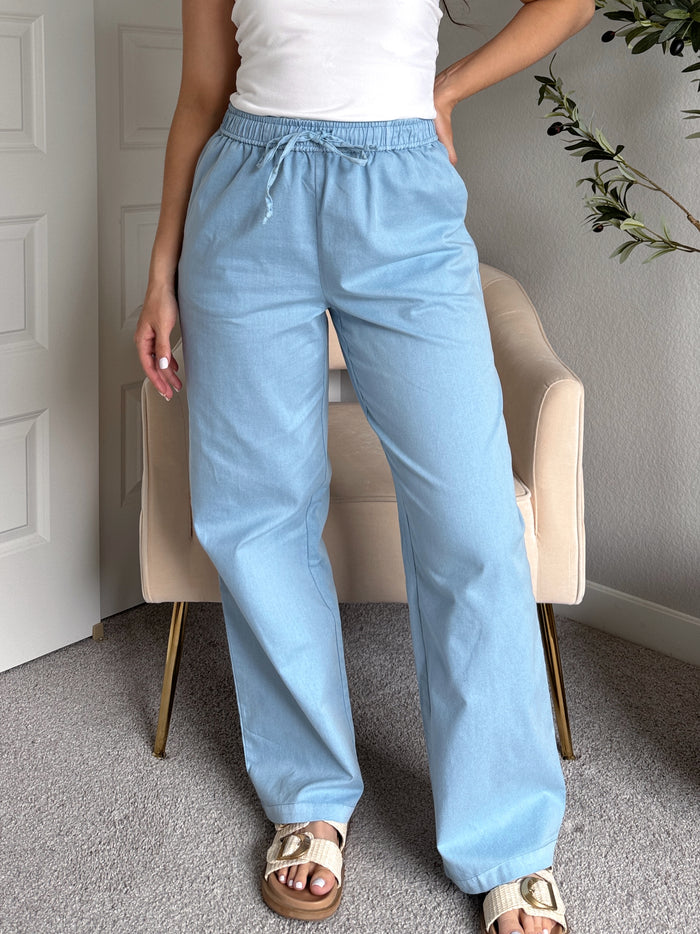 Talia Cotton Drawstring Straight Leg Pants (Blue)