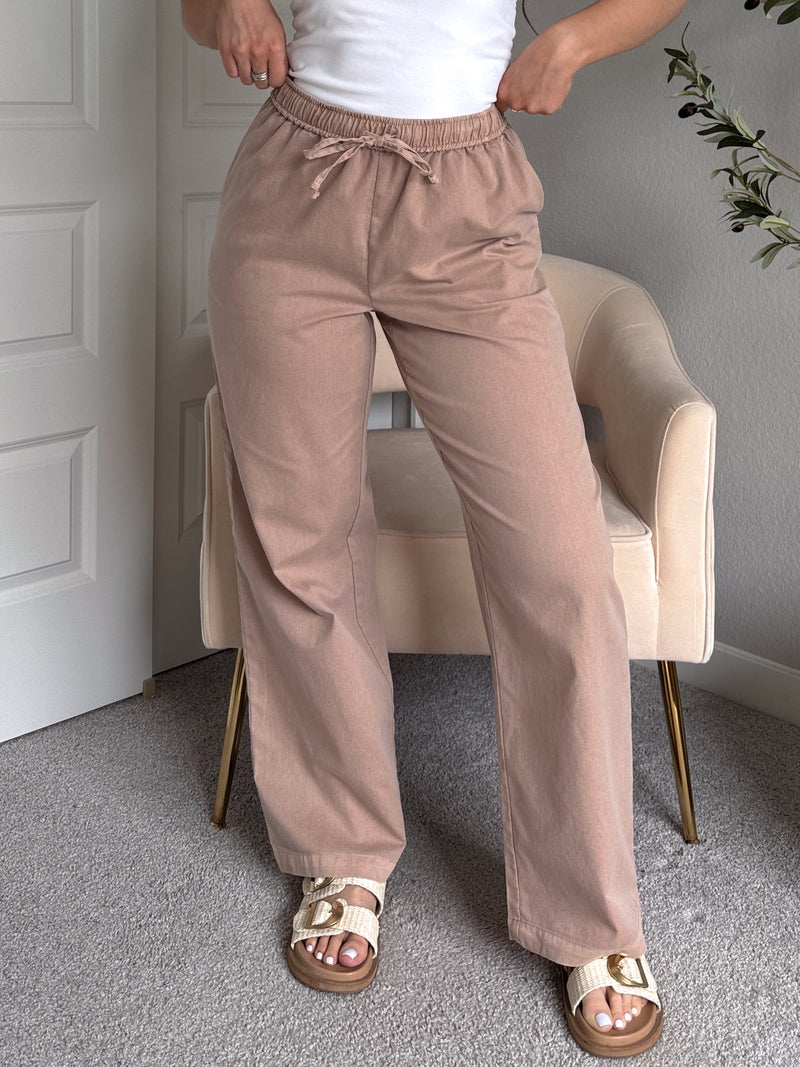 Talia Cotton Drawstring Straight Leg Pants (Dark Taupe)
