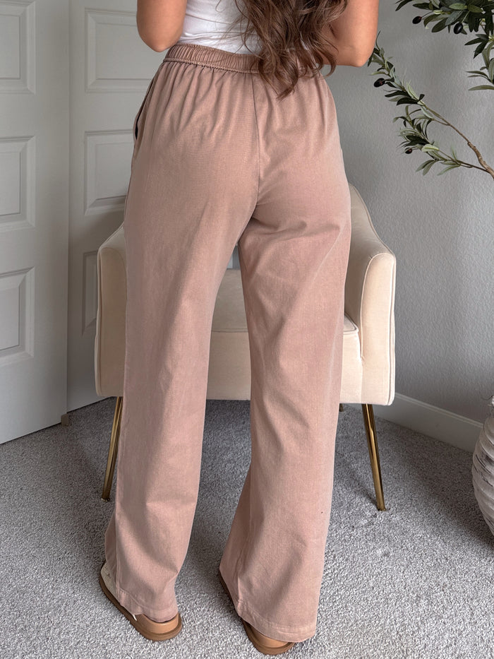 Talia Cotton Drawstring Straight Leg Pants (Dark Taupe)
