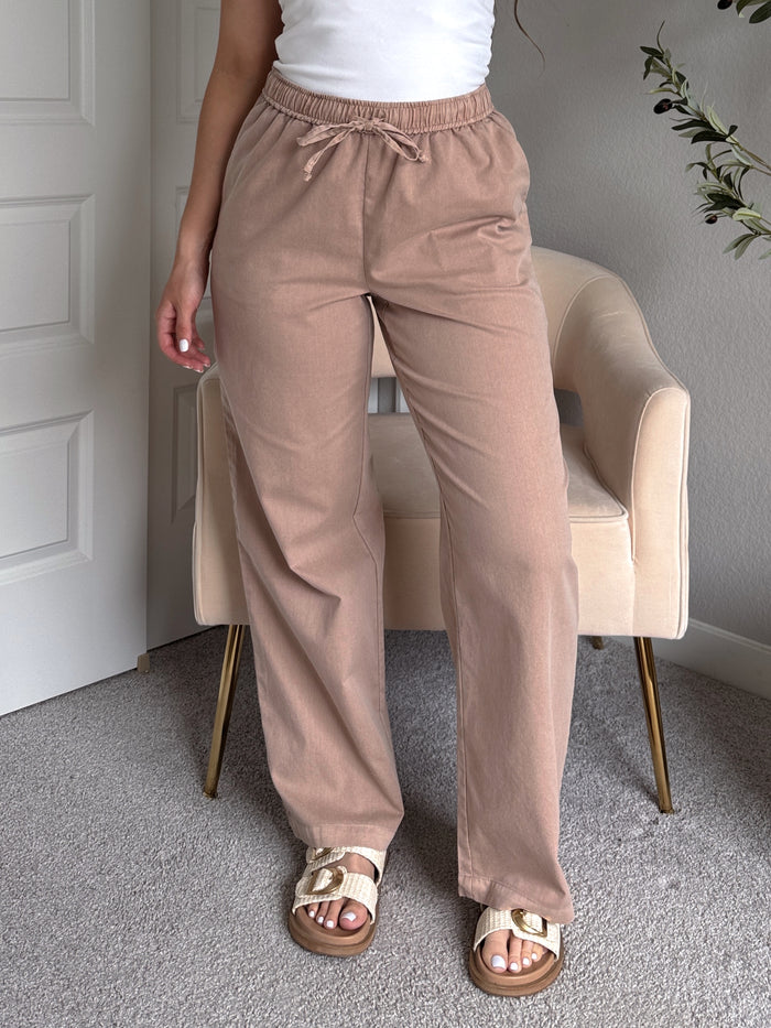 Talia Cotton Drawstring Straight Leg Pants (Dark Taupe)