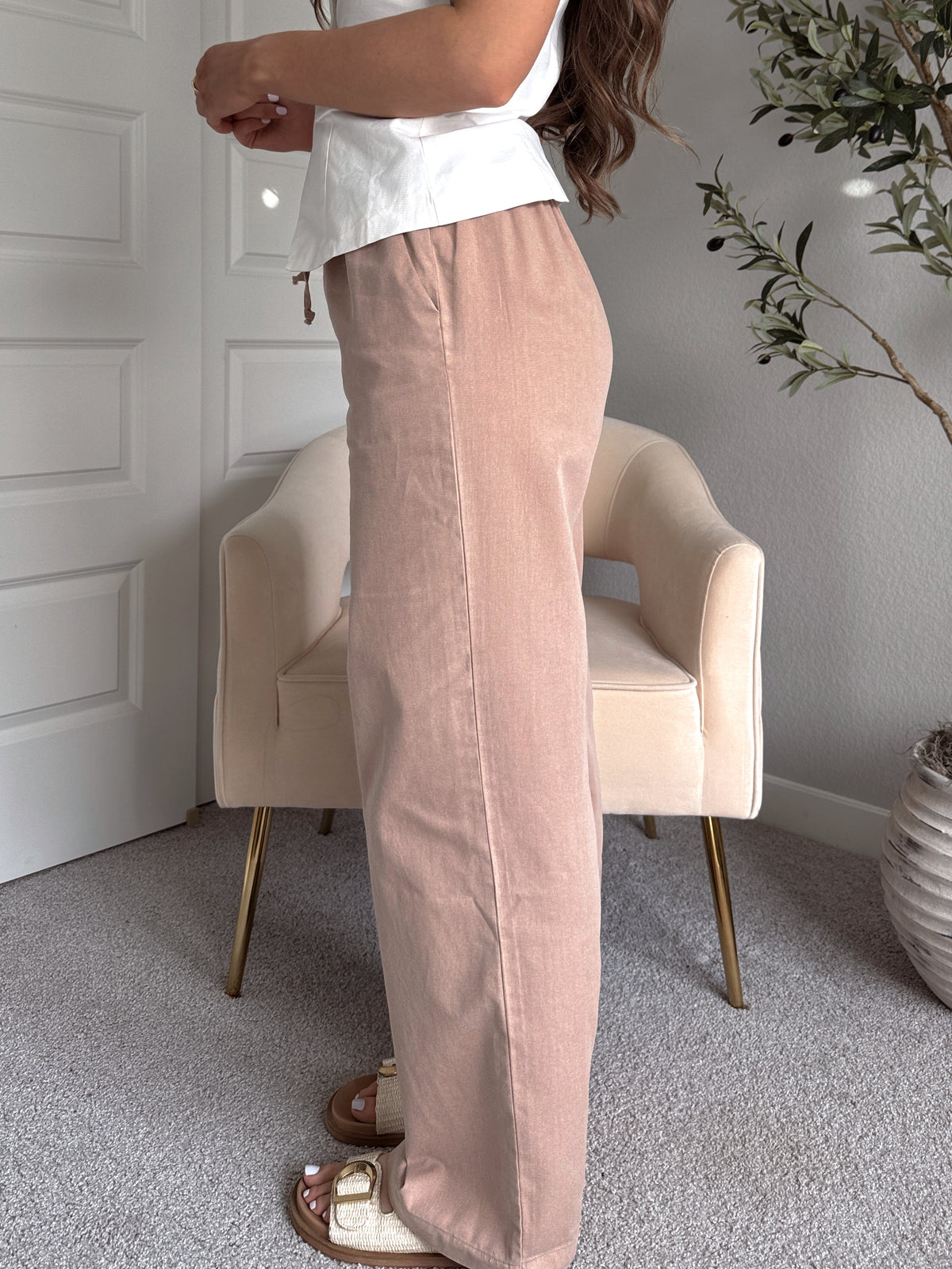 Talia Cotton Drawstring Straight Leg Pants (Dark Taupe)