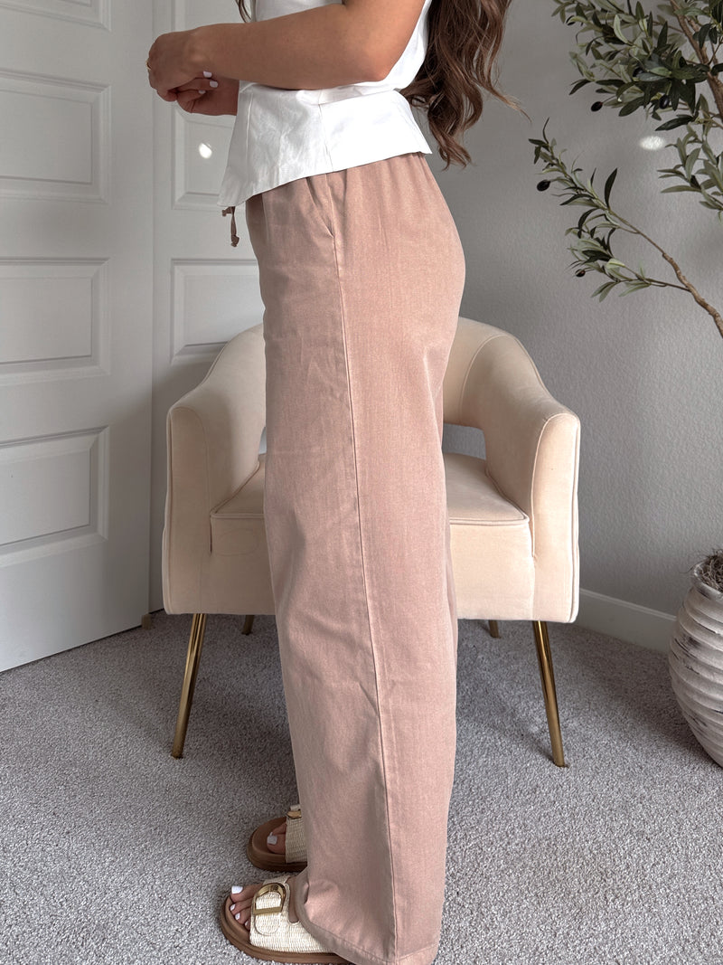 Talia Cotton Drawstring Straight Leg Pants (Dark Taupe)