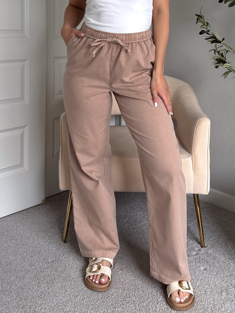 Talia Cotton Drawstring Straight Leg Pants (Dark Taupe)