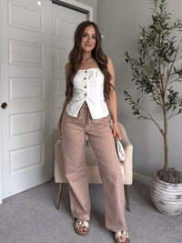 Talia Cotton Drawstring Straight Leg Pants (Dark Taupe)