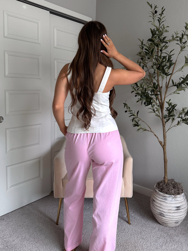 Talia Cotton Drawstring Straight Leg Pants (Soft Pink)