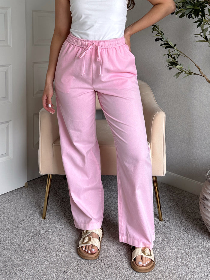 Talia Cotton Drawstring Straight Leg Pants (Soft Pink)