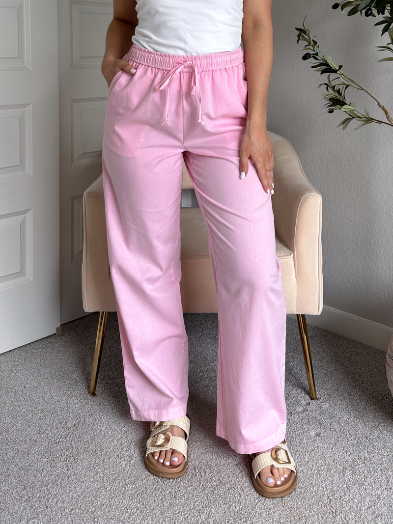 Talia Cotton Drawstring Straight Leg Pants (Soft Pink)