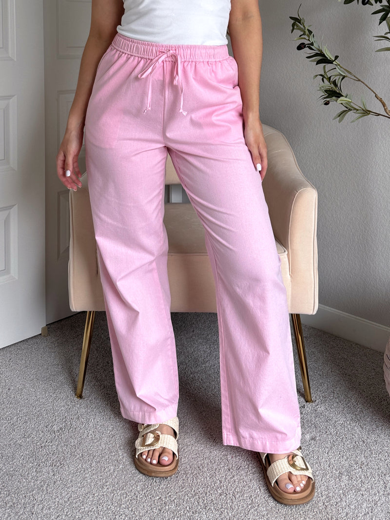 Talia Cotton Drawstring Straight Leg Pants (Soft Pink)
