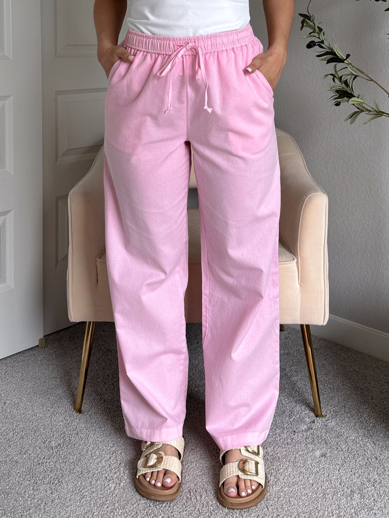 Talia Cotton Drawstring Straight Leg Pants (Soft Pink)