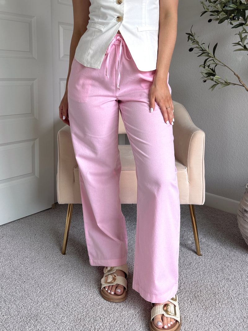 Talia Cotton Drawstring Straight Leg Pants (Soft Pink)