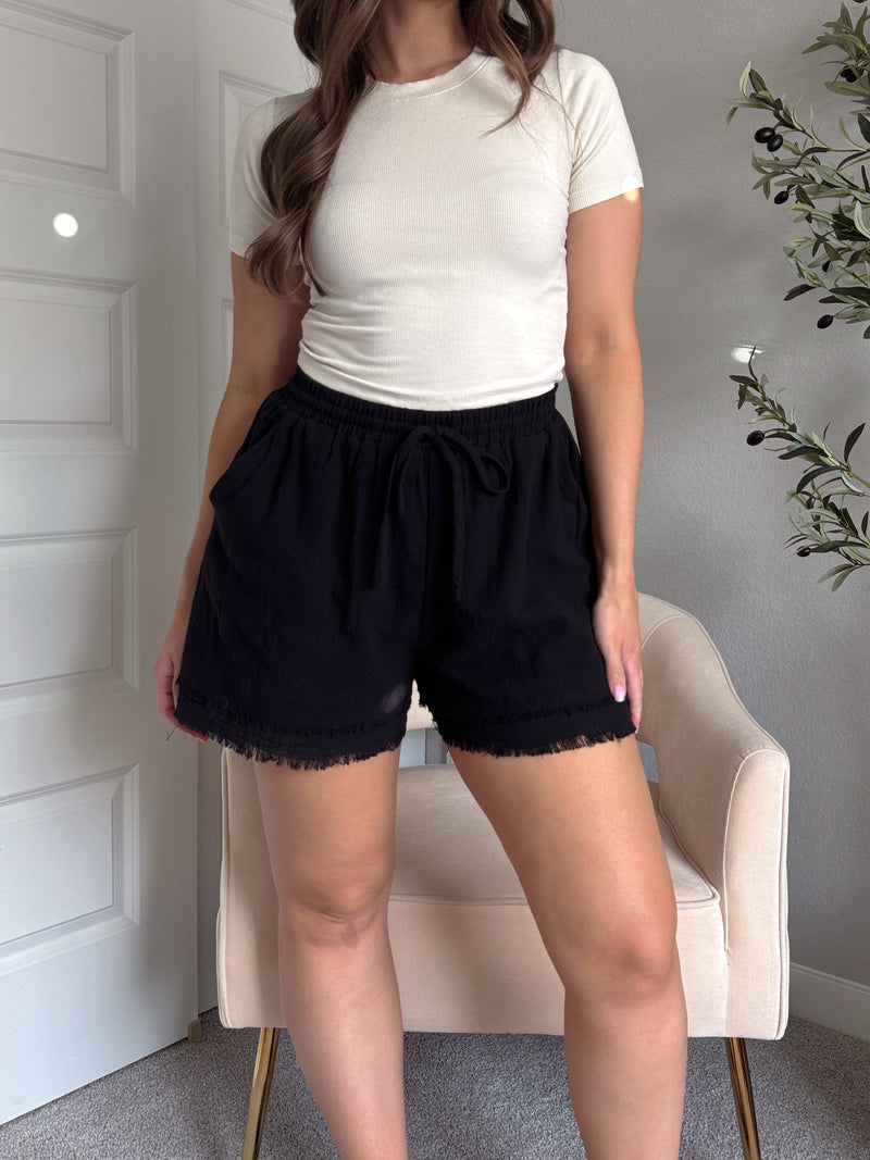 Tate Drawstring Frayed Hem Shorts (Black)