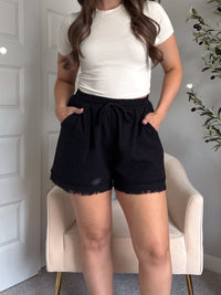 Tate Drawstring Frayed Hem Shorts (Black)