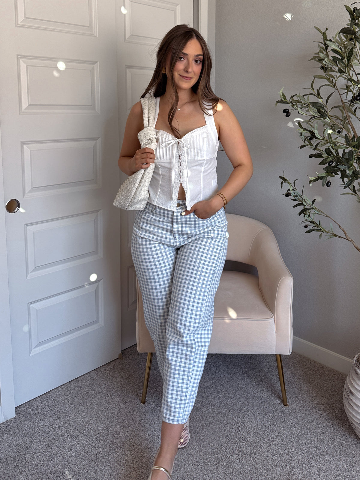 Teddy High Waist Mini Checkered Barrel Leg Jeans (Blue/White)