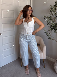Teddy High Waist Mini Checkered Barrel Leg Jeans (Blue/White)