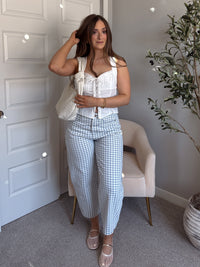 Teddy High Waist Mini Checkered Barrel Leg Jeans (Blue/White)