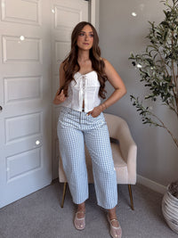 Teddy High Waist Mini Checkered Barrel Leg Jeans (Blue/White)