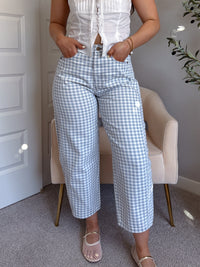 Teddy High Waist Mini Checkered Barrel Leg Jeans (Blue/White)