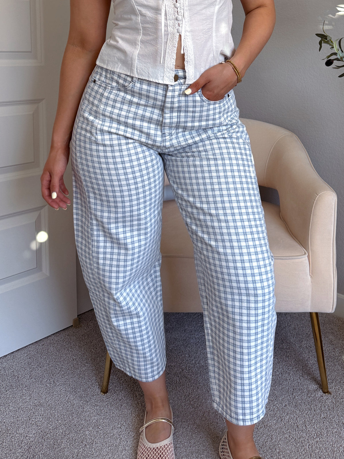 Teddy High Waist Mini Checkered Barrel Leg Jeans (Blue/White)