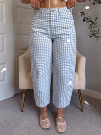 Teddy High Waist Mini Checkered Barrel Leg Jeans (Blue/White)