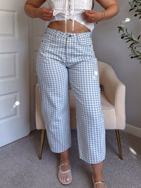 Teddy High Waist Mini Checkered Barrel Leg Jeans (Blue/White)