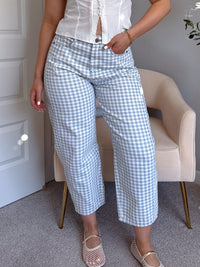 Teddy High Waist Mini Checkered Barrel Leg Jeans (Blue/White)