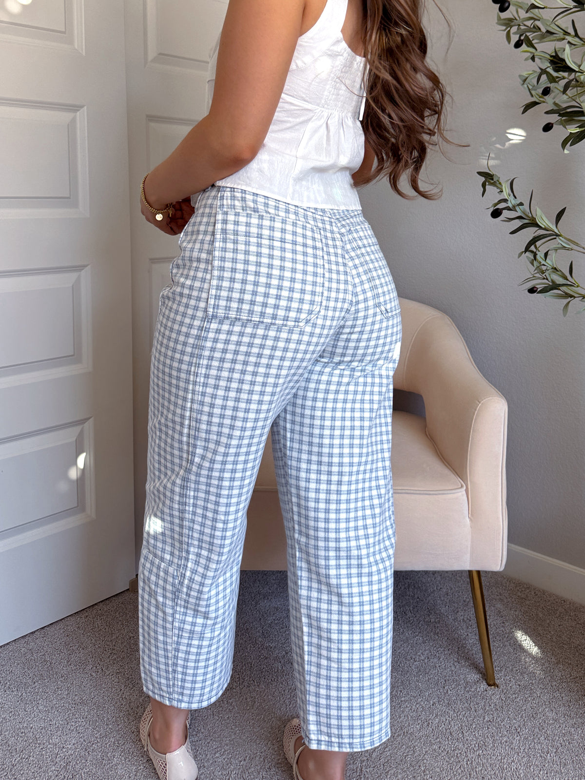 Teddy High Waist Mini Checkered Barrel Leg Jeans (Blue/White)