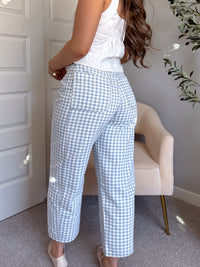 Teddy High Waist Mini Checkered Barrel Leg Jeans (Blue/White)