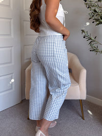 Teddy High Waist Mini Checkered Barrel Leg Jeans (Blue/White)