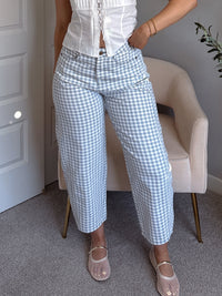 Teddy High Waist Mini Checkered Barrel Leg Jeans (Blue/White)