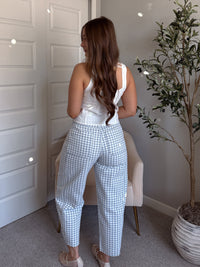 Teddy High Waist Mini Checkered Barrel Leg Jeans (Blue/White)